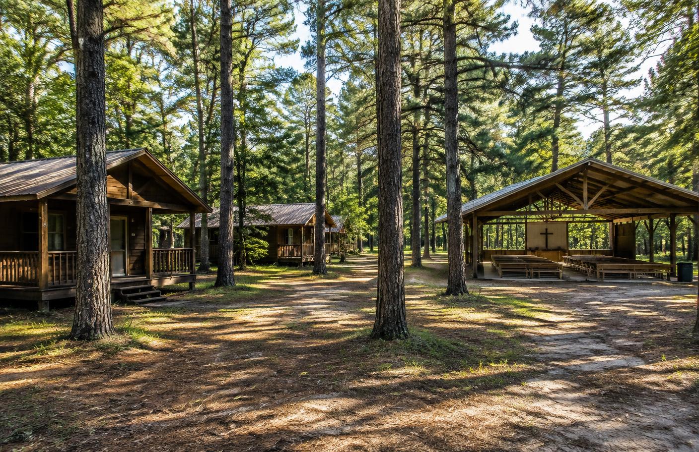 Cabins and an open-air tabernacle among tall pines
